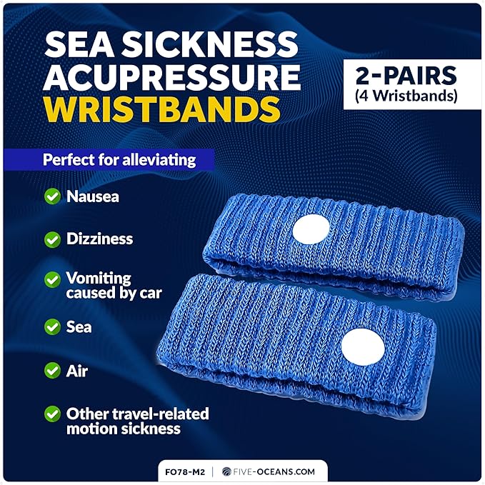 Five Oceans Motion Sickness Bands - Sea Sickness Acupressure Wristbands for Natural Relief of Nausea, Dizziness, Vomiting, and Motion Sickness - 2 Pair (4 Wristbands) - FO78-M2