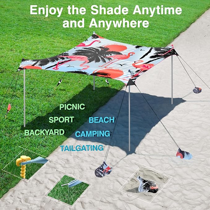 Rhino Valley Beach Tent Shade Canopy UPF50+ Protection, 8 Sandbags, 4 Stability Poles, Outdoor Sun Shelter Umbrella for Sand, Camping, Fishing Essentials