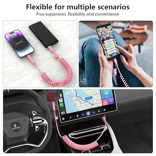 Coiled Carplay 4-in-1 USBA/Type C to USB-C/Lightning Cable Multi Combo for Apple Carplay& Android Auto,60W Fast Charge&Data Sync Car Charger Cord for iPhone 15/14/13/12,Samsung,Android-Pink
