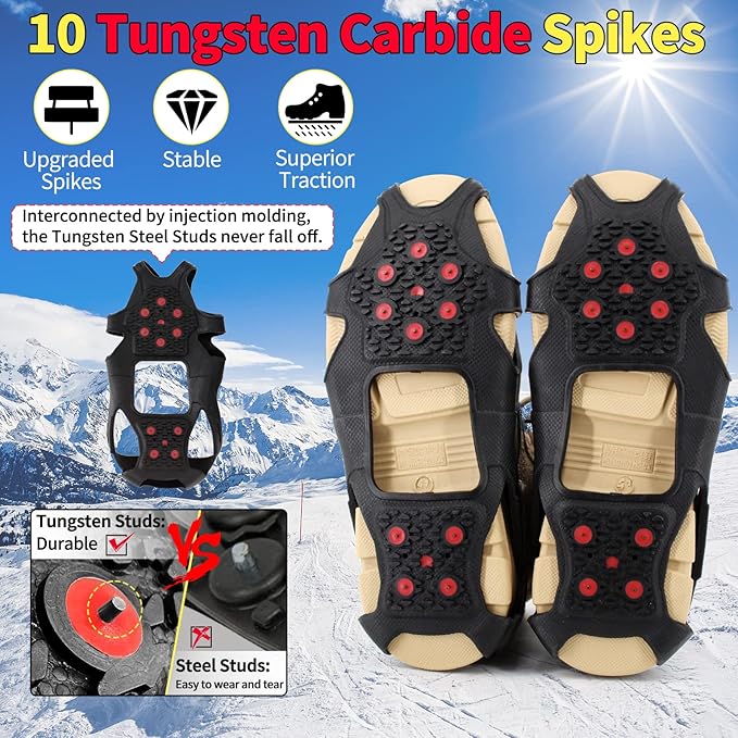 Non-Slip Ice Cleats Snow Grips, Strong Traction Crampons 11 Steel Studs, for Shoes and Boots, Snow Ice Walking