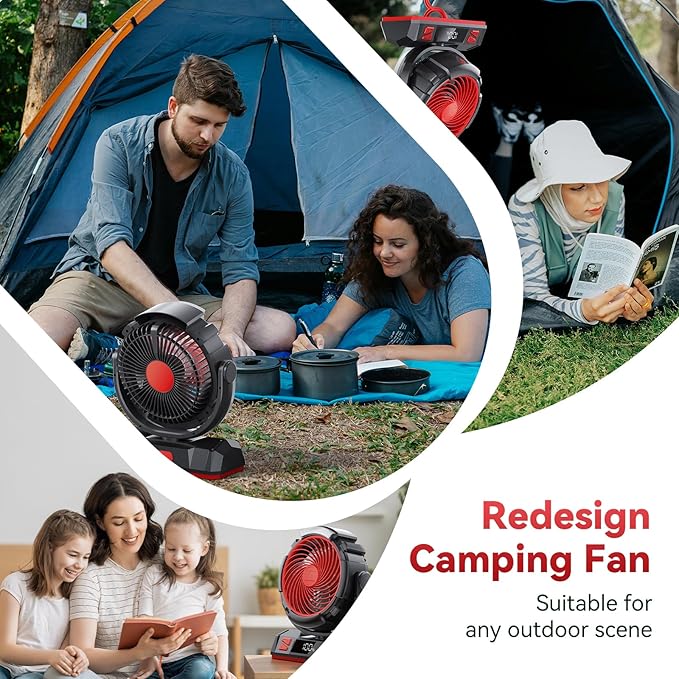 Camping LED Fan with Light, 40000mAh Rechargeable Battery Powered Outdoor Tent Fan with Light and Hook, 6 Speed, Personal USB Desk Fan for Camping, Fishing, Power Outage,Hurricane, Worksite