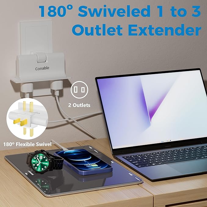 3 Outlets 2 Prong Polarized Lateral Swivel Wall Tap Adapter, 180 Degree Swivel Wall Tap, 2-Prong to 2-Prong Triple Outlet Converter, Wall Tap, Travel Essentials, Polarized, ETL Listed, 2 Pack