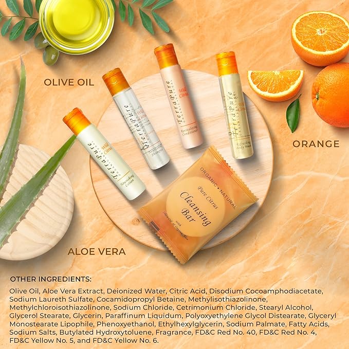 Terra Pure Wild Citrus Toiletries Set | 1-Shoppe Amenities Kit | 1oz Shampoo, Conditioner, Body Wash, Lotion, 1oz Bar Soap | 150 Pieces