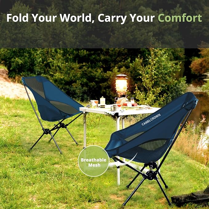 CAMEL CROWN Portable Camping Chair Lightweight Compact Folding Chair Mesh for Outdoor Camp Travel Beach Picnic Festival Hiking Backpacking Navy Blue 2 Pack