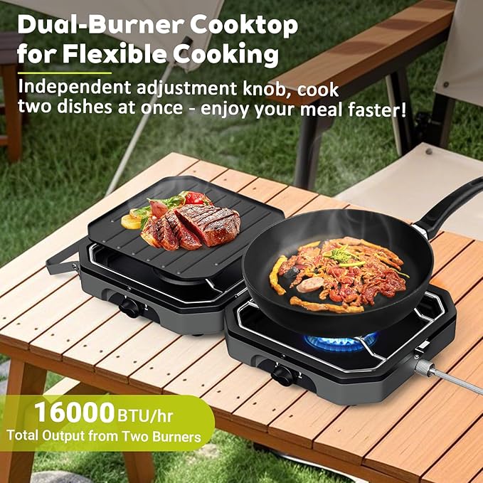 Portable 2 Burner Camping Stove with Handle, 16,000 BTU Foldable Propane Camping Stove with Grill and Carry Bag, Adjustable Burners&Flame-out Protection, Portable Camp Stove for BBQ, Tailgating, Grey