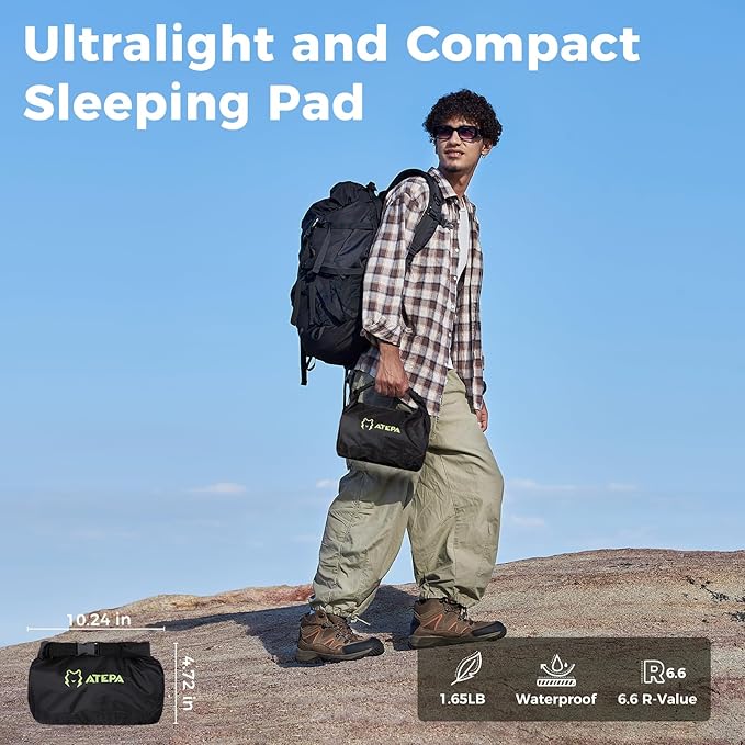 ATEPA ThermAir Pro Backpacking Sleeping Pad, 6.6 R-Value Insulated Ultralight Inflatable Sleeping Pad Folding Camping Pad with 7 Layers & Storage Bag for Camping Backpacking, Wide Long Size (78"x27")