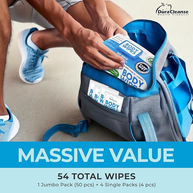 Dura Cleanse Body Wipes for Adults Bathing No Rinse (2 Pack) 100 XL Shower Wipes + 8 Travel Bath Sheets - 9" x 12" Extra Thick Waterless Adult Disposable Washcloths for Camping, Elderly Incontinence