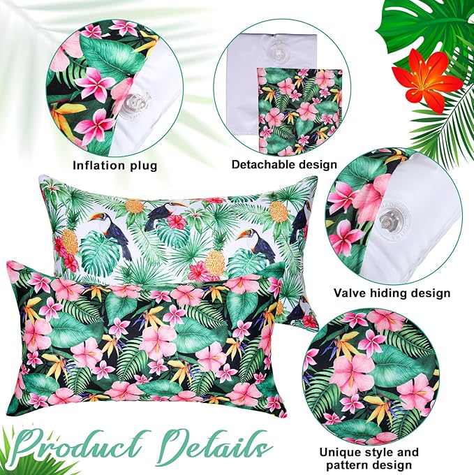4 Pcs Inflatable Beach Pillow Portable Blow up Travel Camping Pillows with Covers for Hawaii Summer Pool Travel Vacations(Tropical Leaves)