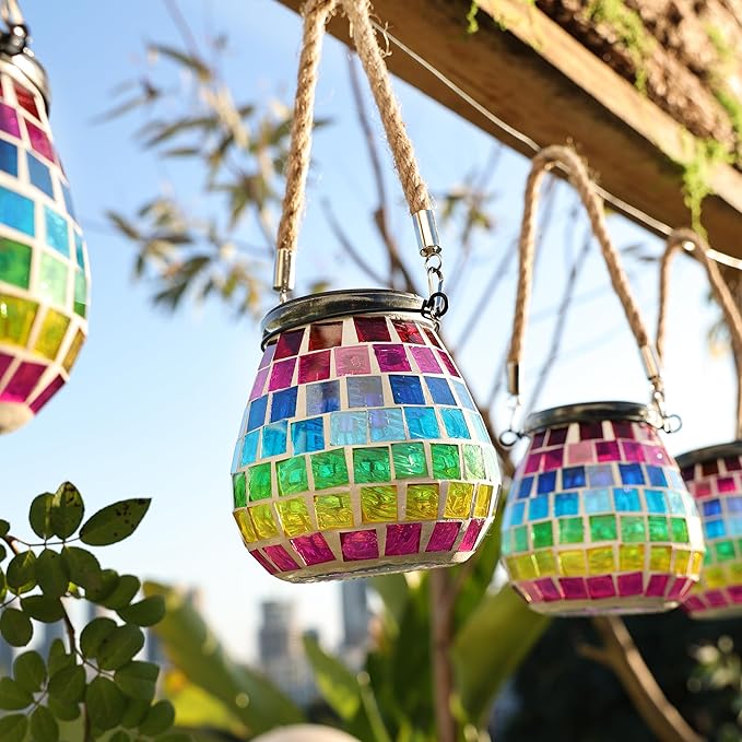 Cooo 4 Pack Mosaic Solar Lantern Outdoor Waterproof IP68 Hanging Projection Light Hidden Lid Pear-Shaped Lantern with Rope Handle Solar Powered Auto On for Patio Garden Fence Table - Neon Mosaic