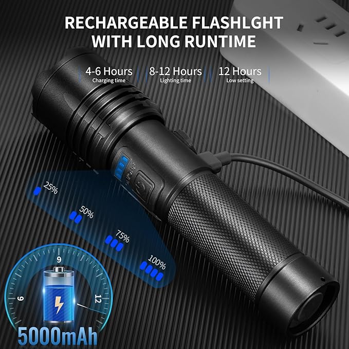 BERCOL Flashlights High Lumens Rechargeable, 90000 Lumens Super Bright Led Flashlight, 7 Modes Brightest Powerful Flash Light with COB Light, IPX6 Waterproof Handheld Flashlights for Camping Home