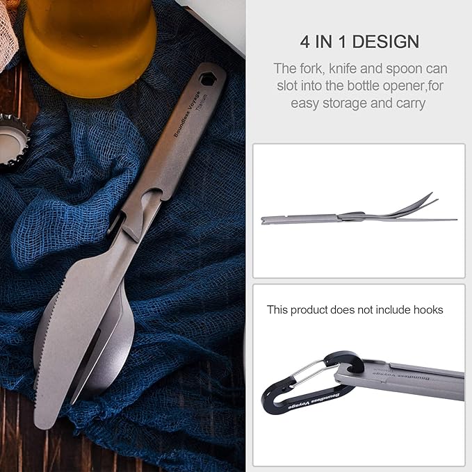 Boundless Voyage Utility Cutlery Set Titanium Spoon Fork Knife & Bottle Opener for Travel Camping in Easy to Store Cloth Case Ti1066T
