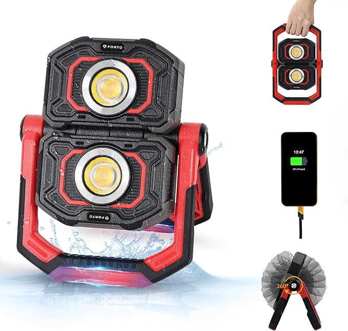 Rechargeable Magnetic Work Light – Dual Beam Design & Oil-Resistant Body, 360° Rotating with Dual Stands for Hands-Free Lighting in Garage, Workshop & Emergencies (Red)
