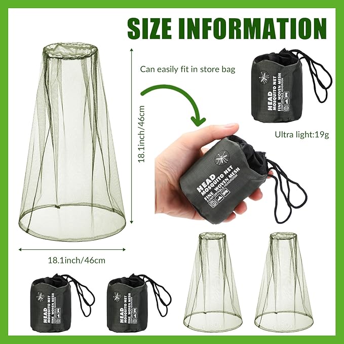 Hestya 2 Pack Mosquito Head Mesh Net Midge Insects Bugs Head Face Net Protecting for Outdoor Hiking Camping Climbing Walking(Army Green)