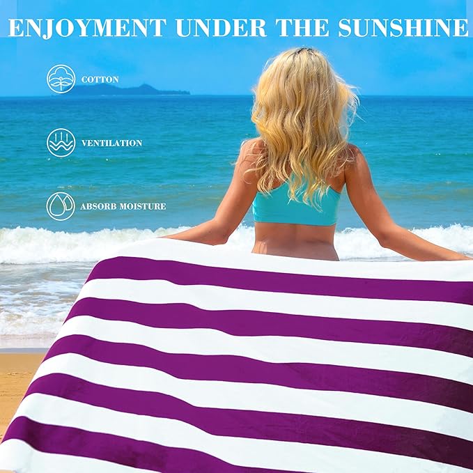 Exclusivo Mezcla 4 Pack Cotton Large 30x60 Inches Soft Cabana Stripe Thick Beach Towel, Super Absorbent Travel Bath Pool Towel (Purple)
