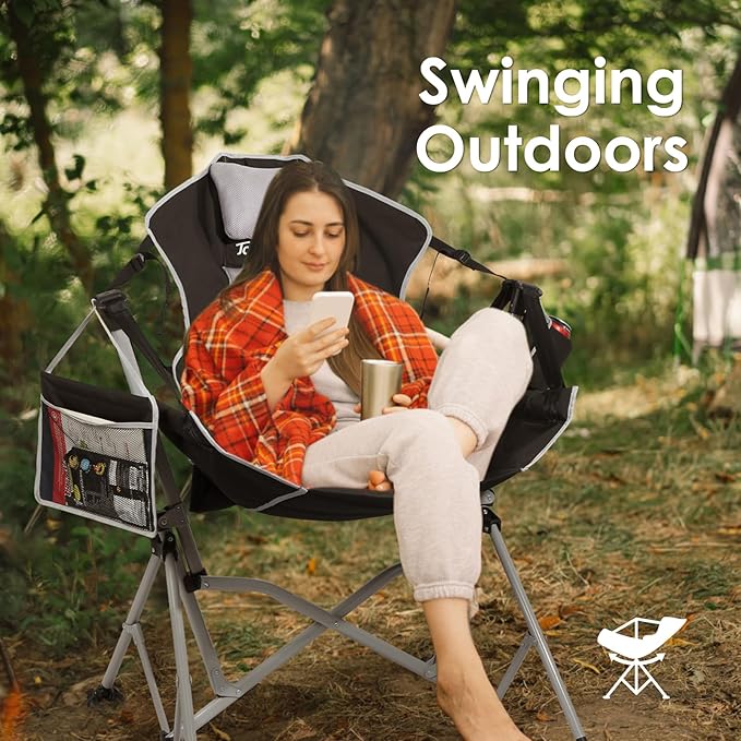 Oversized Hammock Camping Chairs, Folding Swing Chair with 1-Step Design, Swinging Hammock Chair with Adjustable Backrest, Lumbar Support & Headrest for Outdoor&Indoor, Support 400LBS, Black