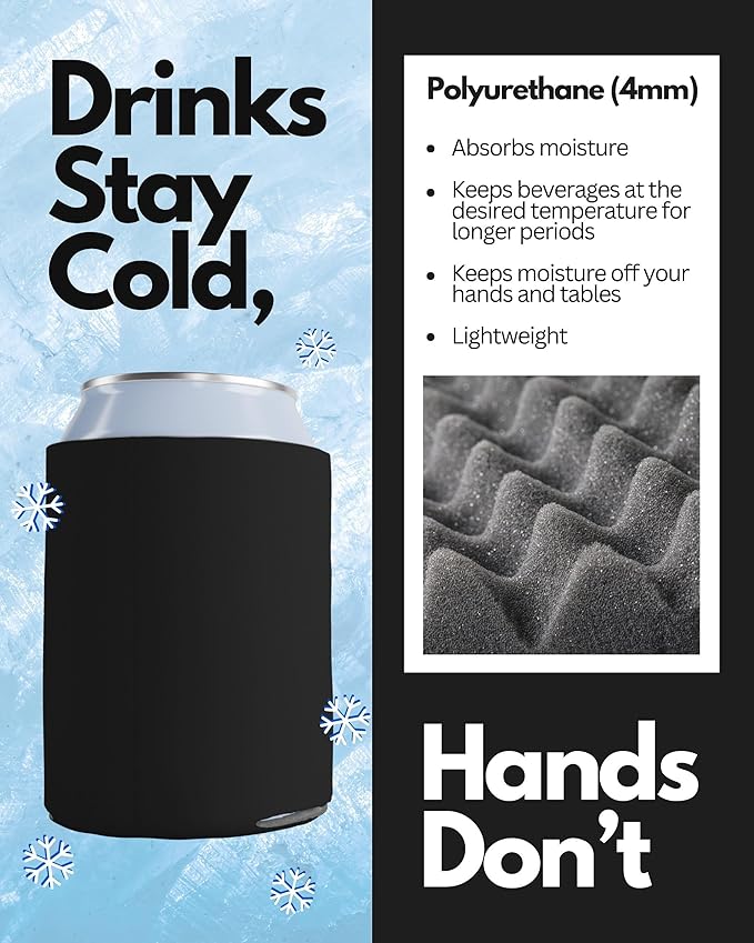 PartyPrints 1000 Pack Black Blank Can Cooler Sleeves, Customizable Bulk Can Coolers, Extra-Thick Collapsible Drink Insulator Sleeve, Beer Can Coolers for Party Beverages