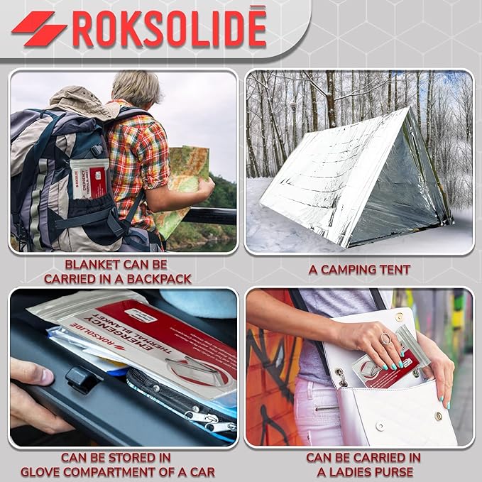 ROKSOLIDE Emergency Blankets | Mylar Thermal Blanket, Essential Survival Gear for Emergency Kits. Ultralight Reflective Foil Blanket for Camping or Cold Weather. Size 55" x 82", Silver, 8-Pack