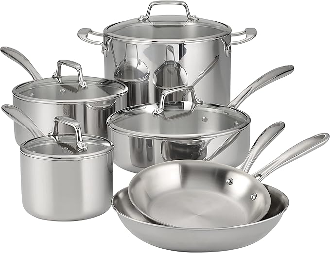 Tramontina Tri-Ply Clad Stainless Steel 10-Piece Cookware Set with Glass Lids, Pots and Pans Kitchen Set, Induction-Ready, Dishwasher-Safe, Made in Brazil