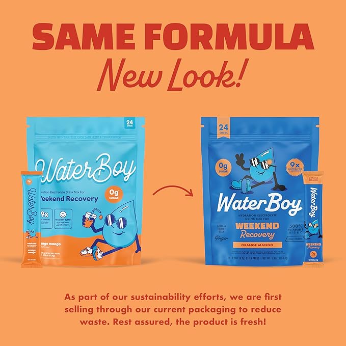 Waterboy Weekend Recovery | 3,200mg Electrolyte Powder Packets | Ginger + L-Theanine + Vitamins | No Sugar, All Natural, Gluten Free | 24 Drink Stick Mixes (Orange Mango)
