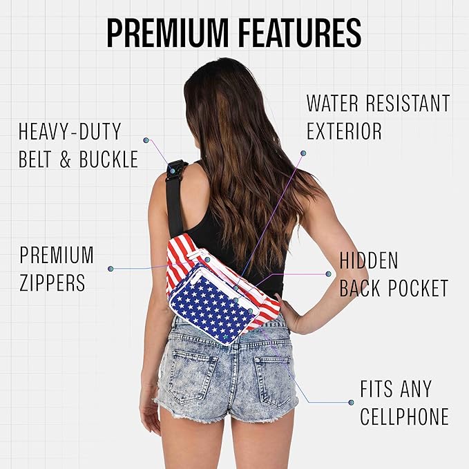 American Flag - 4th of July Fanny Pack Belt bag - Crossbody Waist Bag for Men or Women - Hands-Free, Waterproof Large Bumbag for Hiking, Running, and Travel