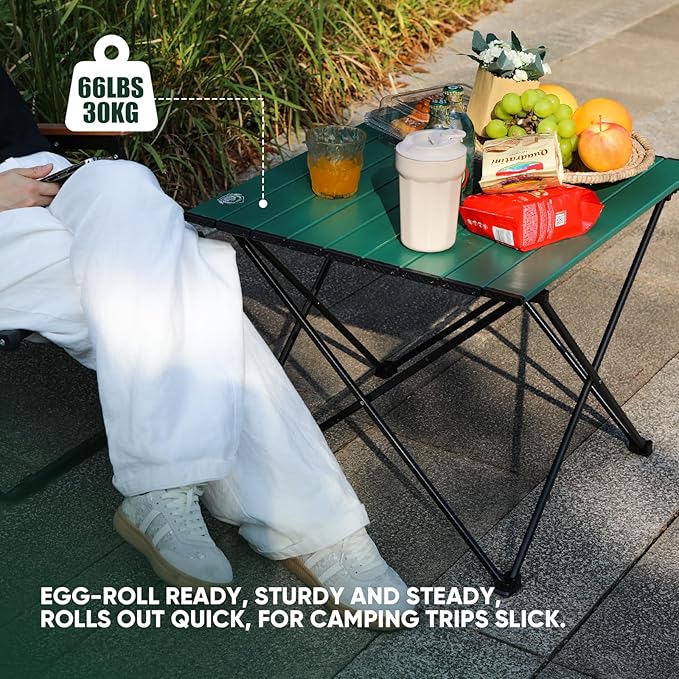 Portable Folding Camping Table, Large Compact Aluminum Beach Picnic Table, Lightweight Collapsible Outdoor Camp Tables That Folds & Rolls Up, Beach Gear Essentials Camp Accessories, Sylvan Green