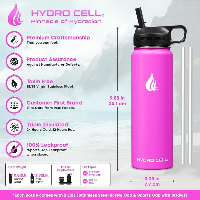 HYDRO CELL Stainless Steel Insulated Water Bottle with Straw - For Cold & Hot Drinks - Metal Vacuum Flask with Screw Cap and Modern Leakproof Sport Thermos for Adults (Fuchsia 24oz)