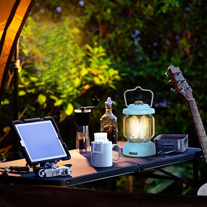 Rechargeable LED Camping Lanterns, 2000mAh Vintage Camping Lights Battery Operated Rechargeable , Hanging Retro Metal Hiking Tent Lamp for Emergency, Hurricane,Decoration,Home,Blue, 1 Pack