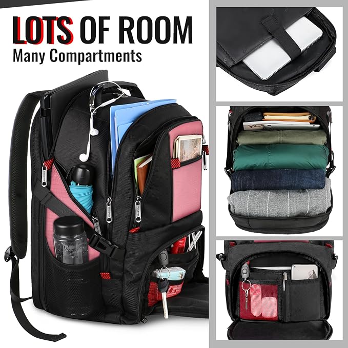 YOREPEK Travel Backpack, 50L Laptop Backpacks for Men Women, Water Resistant Airline Approved Bag with USB Charging Port Fits 17 Inch Computer, Pink