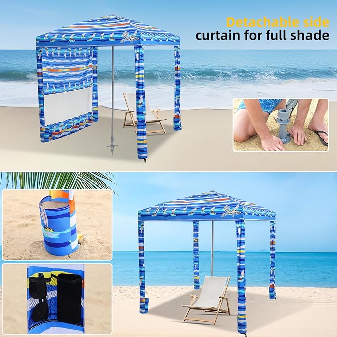 Beach Cabana, 6.2'×6.2' Beach Canopy with Side Wall, UPF 50+ UV Protection Easy Setup Tent Sun Shelter with Sand Pockets for Whole Family(Summer Sailboat)