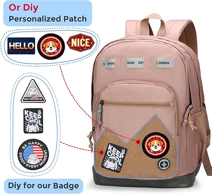 Swissdigital Design Big Student Laptop Backpack with Fun Personalized Patches For College Boy & Girl, Middle High School Teen Bookbag Cool Travel Daypack Mocha Brown - Includes 3 Patches | SD1718-35