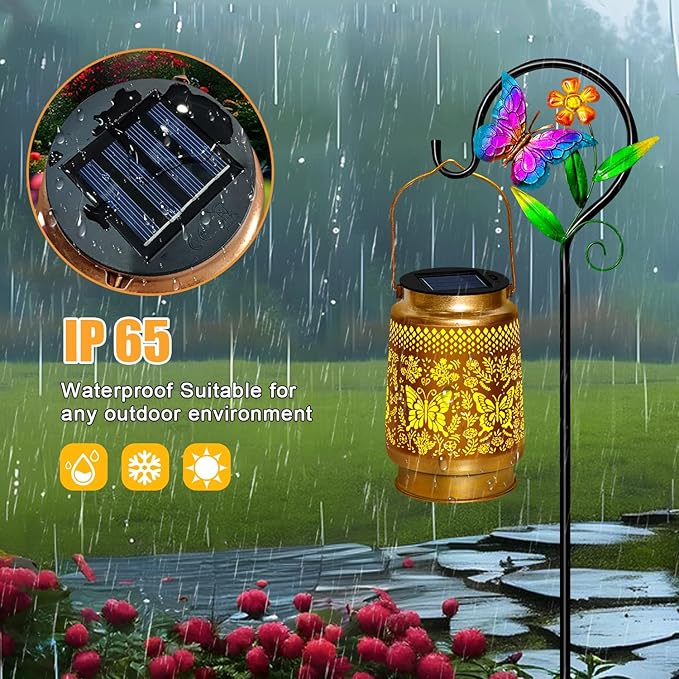 2 Pack Butterfly Solar Lanterns Outdoor Waterproof Hanging,Metal Solar Garden Lanterns for Yard Patio Pathway Lawn Front Porch,Birthday Gifts for Mom Woman Grandma