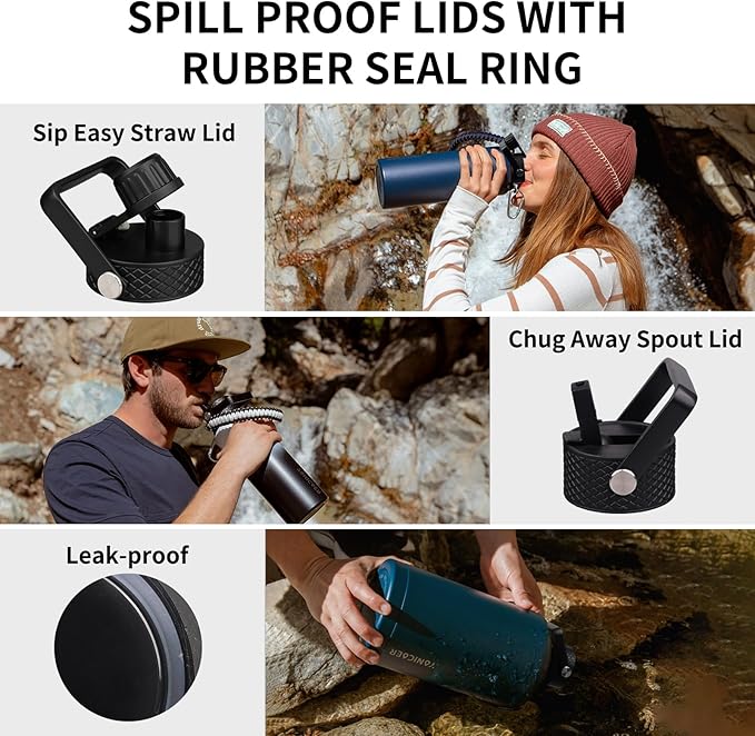 Insulated Water Bottle 64oz,Triple Wall Vacuum Stainless Steel(Dishwasher Safe),Leak Proof & Non-BPA,Flask Jug with Paracord Handle & Straw Spout Lids Sports Gradient indigo blue/black