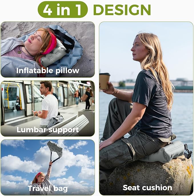 ATEPA 4-in-1 Travel Cushion, Ultralight Portable Inflatable Pillow Seat Cushion Neck & Back Support Travel Bag with Zippered Protection & Convertible Strap for Airplane Camping Backpacking