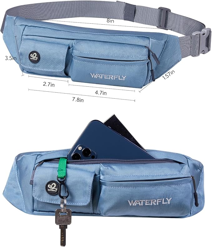 WATERFLY Fanny Pack for Women Men Water Resistant Small Waist Pouch Slim Belt Bag with 4 Pockets for Running Travelling Hiking Walking Lightweight Crossbody Chest Bag Fit All Phones