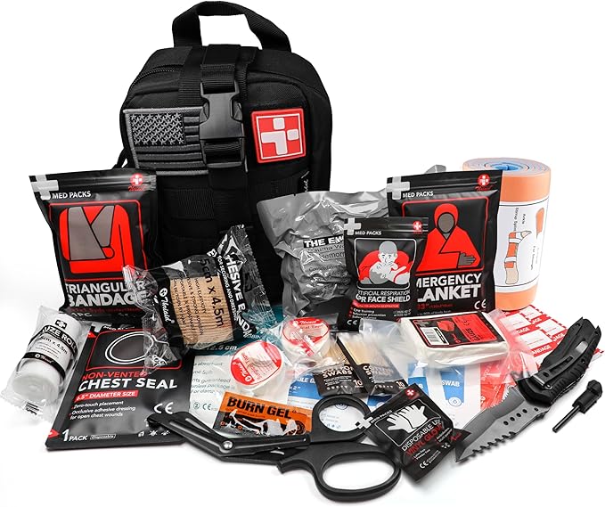 Survival First Aid Kit with Israeli Bandage, Splint, Chest Seal, Tactical Military Combat Molle IFAK for Wound Care, Bleeding Control, Trauma Hemorrhage and More