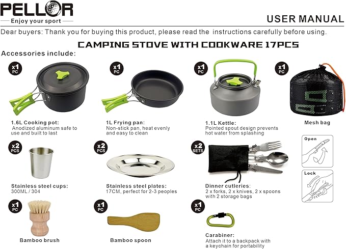 PELLOR Camping Cookware Set, 17pcs Portable Camping Mess Kit with Non-Stick Aluminum Pots, Pans Set and Folding Fork, Lightweight Backpacking Camping Gear for Outdoor/Camping/Picnic/Hiking