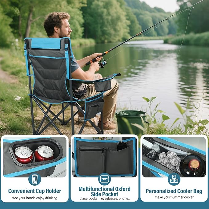 Oversized High-Back Camping Chairs with Pillow, Dual Cup Holders & Cooler Bag - Heavy Duty Foldable Outdoor Chair for Adults, Picnic, Fishing, Backyard, Sports（Bluegrey）