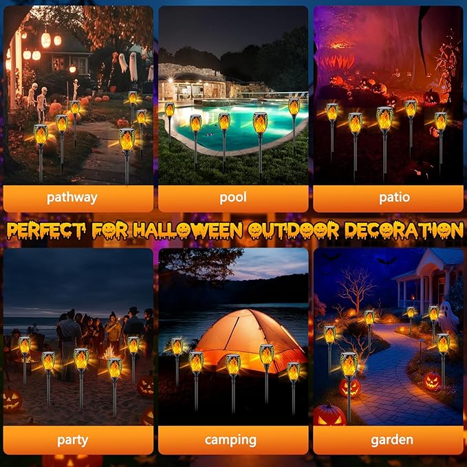 Upgraded Solar Lights Outdoor, 6 Pack Flickering Flame Solar Torch Lights with Super Larger Size for Halloween Decor, Solar Halloween Lights Waterproof Solar Powered Outdoor Lights for Garden Pathway