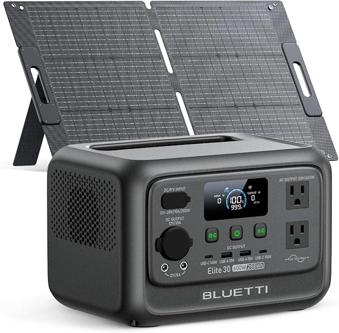 BLUETTI Elite 30 V2 Solar Generator with 100W Solar Panel (Ships Separately), 288Wh LiFePO4 Portable Power Station, 600W AC Outlets (1500W Power Lifting), for Camping, Home Use, Emergency