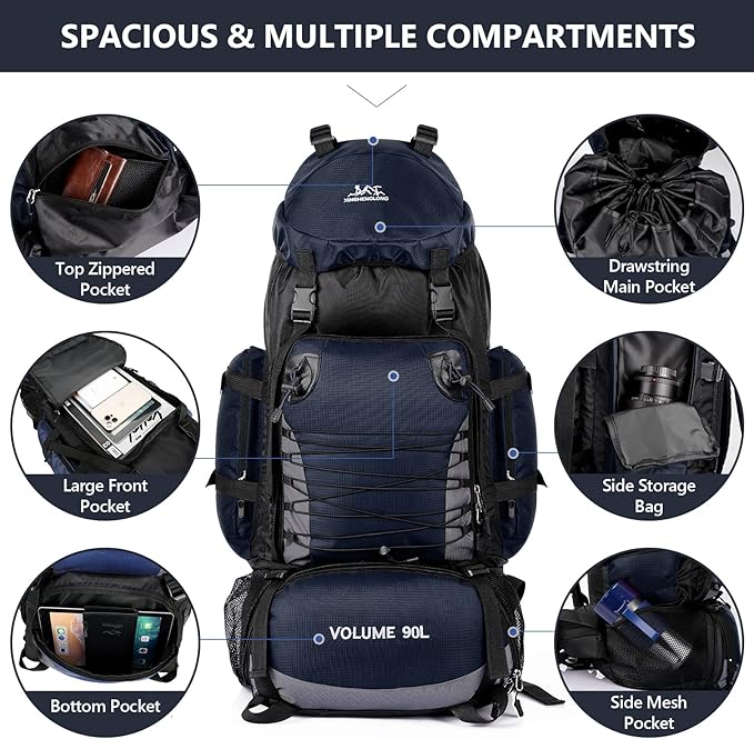 90L Hiking Backpack, Camping Travel Backpack with Rain Cover Lightweight Travel Daypack for Climbing Camping Touring (Blue)
