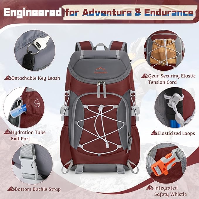 RAINSMORE Foldable Hiking Backpack for Women Men Packable Camping Backpack 40L Waterproof Hiking Daypack Bag Lightweight Collapsible Daypack for Travel Trekking Mountaineering Large Capacity Red