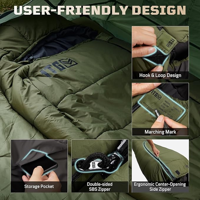 Sleeping Bag for Adults, Warm Weather Camping Mummy Sleeping Bags (25-36℉) with Adjustable Hood, Phone Pocket & Compression Sack for Hiking Travel Hunting