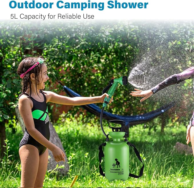 Finderomend Portable Shower for Camping with 7 Spray Modes, Hand Press Camping Shower with Removable Hose and Shower Head,Pressure Rinse Kits for Hiking Traveling Garden Beach Pet Shower