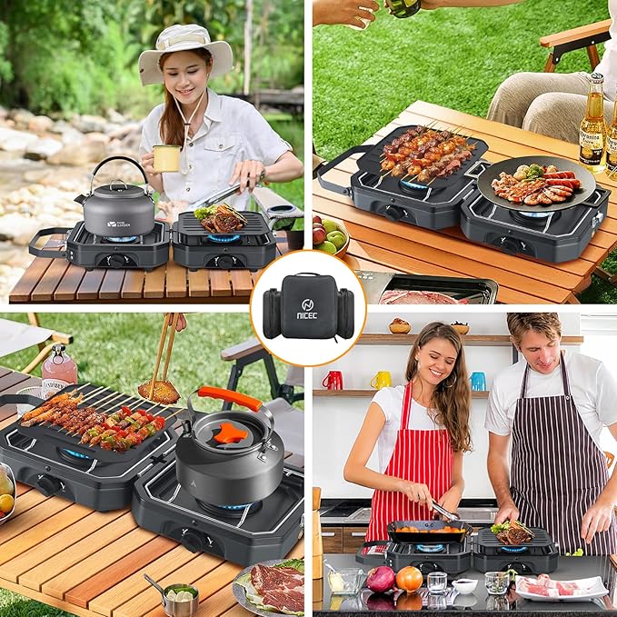 Nice C Camping Stove, Portable Camping Stove Propane, 2 Burner Propane Stove with Grill, Camp Stove, 16,000 BTU Camp Stove with 2 Burner, Grill & Carry Bag for Camping