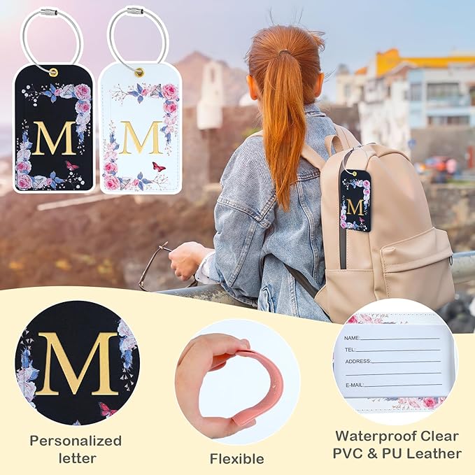 3 Pack Luxury Floral Luggage Tags, Durable PU Leather Suitcase Tags with Stainless Steel Cable Strap, Hidden ID Slot for Privacy Protection, Easy to Identify Waterproof Travel Accessories Gift (M)