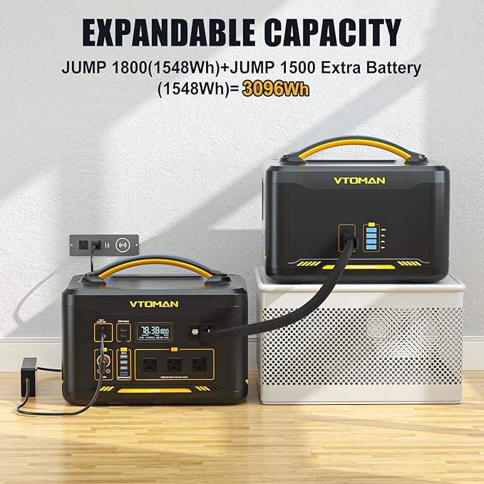 VTOMAN Jump 1800 Portable Power Station with 110W Solar Panel, 1800W/1548Wh LiFePO4 Battery Solar Generator with 1800W Constant-Power, PD 100W Type-C, Capacity Expandable for Camping, Home Backup