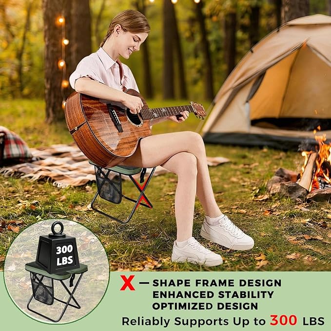 16" Portable Collapsible Stool - Folding Chair with Storage Pouch, Convertible Satchel for Hands-Free Carry & Supports 300Lbs, Ultralight for Hiking, Fishing, Camping, Festivals (Green, Large)