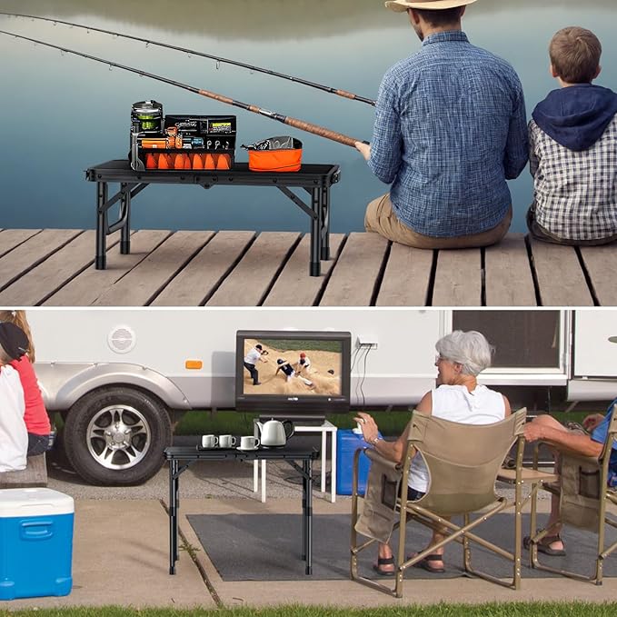 VINTEAM Camping Folding Table with Adjustable Height, Lightweight Portable Outdoor Picnic Table, BBQ Grill Side Table, Durable Aluminum Frame, MDF Desktop for Camping, Fishing, RV, Beach (Black)