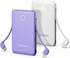 6000mah Ultra Slim Built in Cables Power Bank, Card Size Built in USB C Cords Battery Pack Portable Charger for Phones, 3 Output External Battery Pack Compatible with iPhone, 2-Pack White & Purple