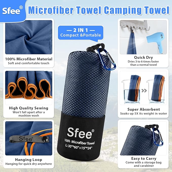 Sfee 2 Pack Microfiber Travel Towel, Quick Dry Towel Camping Towel Beach Towel Super Absorbent Compact Lightweight Sports Gym Towels Set for Beach, Gym, Hiking, Pool, Backpacking, Bath, Yoga